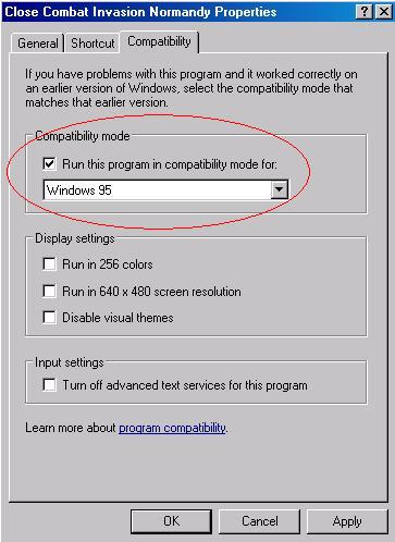 Close Combat Compatibility Options in Windows XP